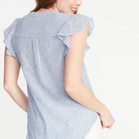 OLD NAVY Linen Cotton Blend Blue and White Striped Flutter Sleeve Blouse, XXL - Picture 2 of 15